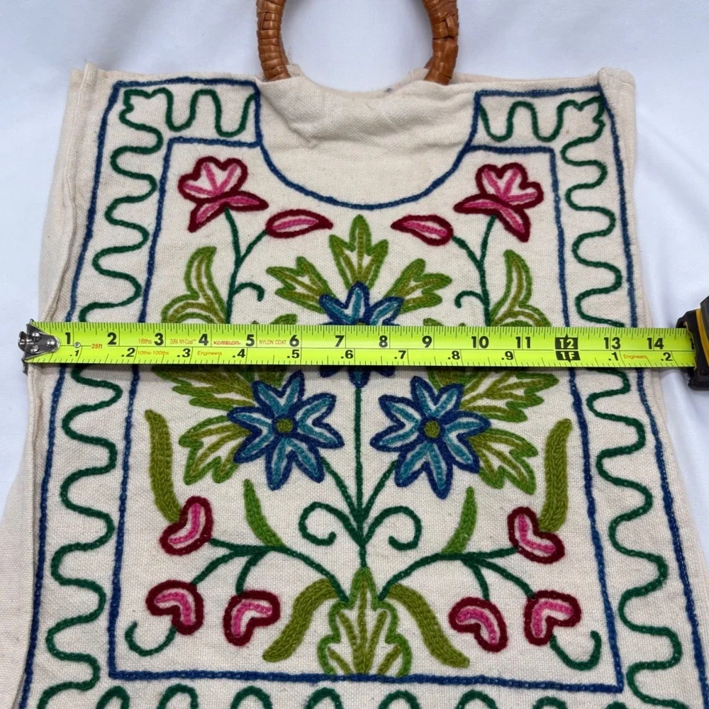 Vintage Boho Embroidered Floral Artisan Tote Bag Round Woven Handle Canvas Purse